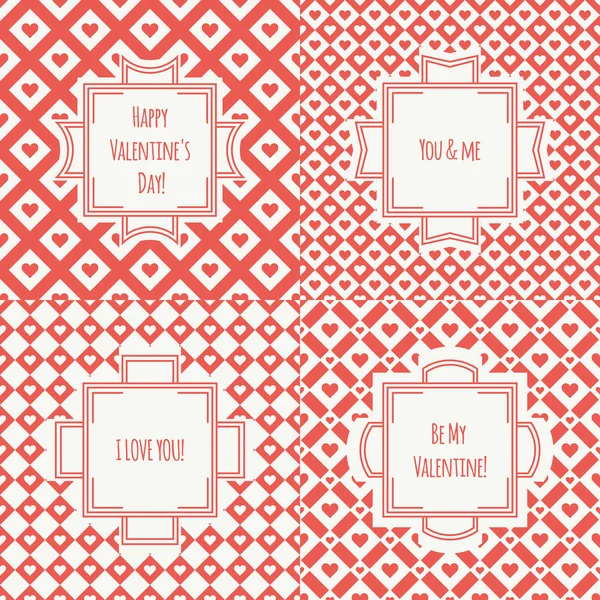 Conjunto de rojo, rosa romántico patrón sin costuras con corazones. Colección de papel de regalo. Ilustración vectorial. Antecedentes Día de San Valentín. Marcos vintage. Tarjetas de felicitación, invitaciones. Etiquetas, insignias — Vector de stock