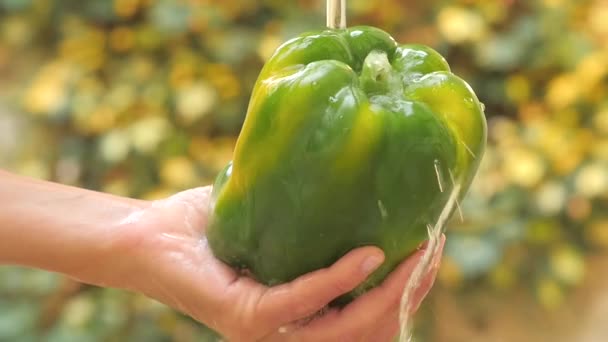 Bell pepper in hand under flowing water — Stock Video