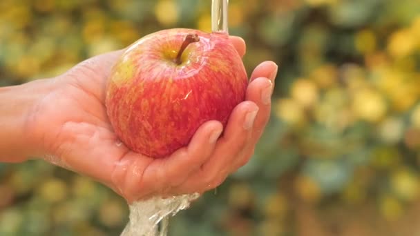 Roter Apfel in der Hand unter strömendem Wasser — Stockvideo