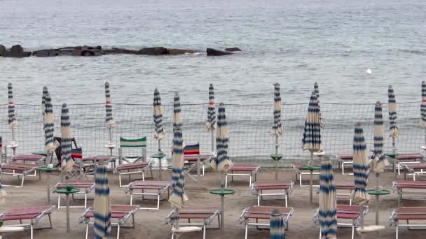 Closed beach umbrellas, beach at sunset — Stock Video