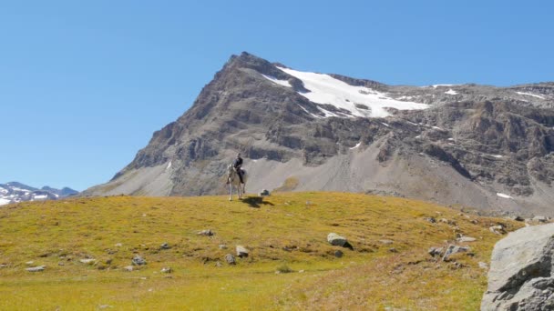 Paisaje alpino con jinete — Vídeos de Stock