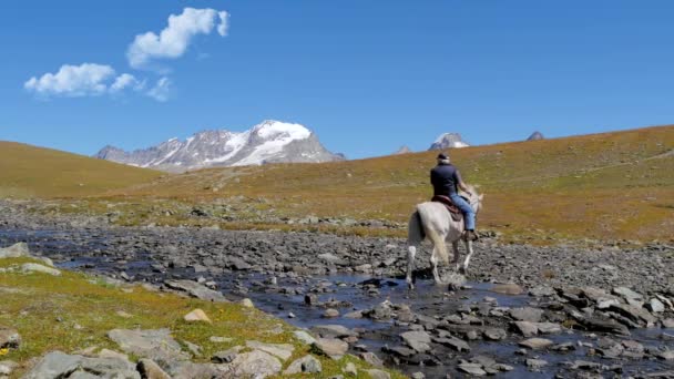 Alpine Landschaft mit Reitern — Stockvideo