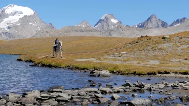 Альпийский пейзаж с всадником — стоковое видео