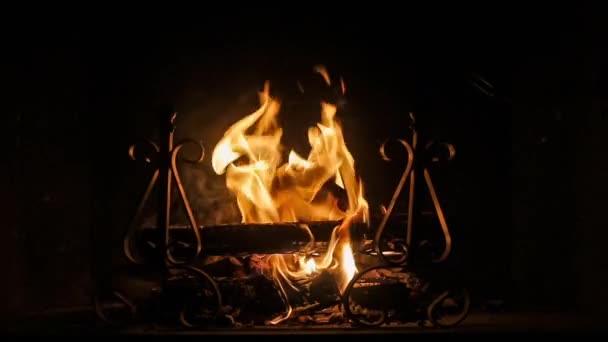 Wood burning fireplace at night in winter season — Stock Video