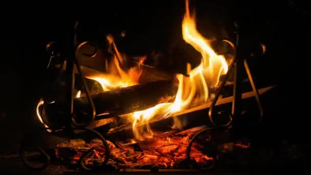 Gros plan de la cheminée et du feu de bois — Video