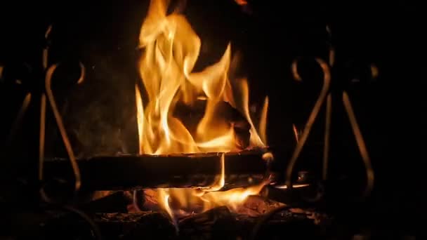 木材燃烧的壁炉在冬季的夜晚 — 图库视频影像