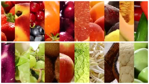 Закрыть разнообразные фрукты и овощи, монтаж — стоковое видео