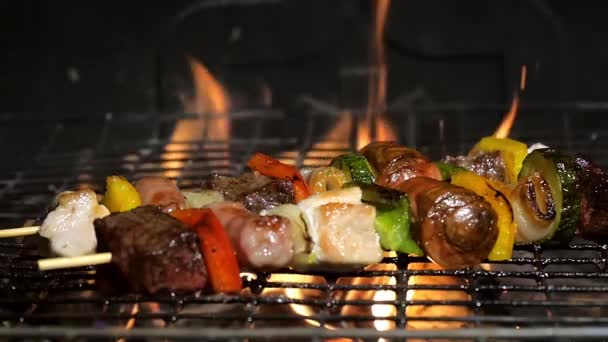 Grilling meat skewers — Stock Video