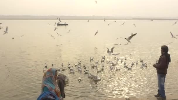 Varanasi, Indie, turistické a indická žena na břehu gangy — Stock video