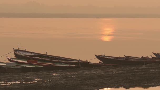 Row boats on Ganges River at dawn, march 2015 — Stock Video