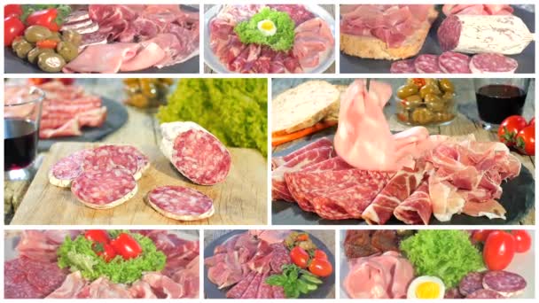 Bandejas de carne curada italiana collage — Vídeos de Stock