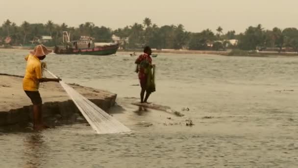 Um pescador jogando sua rede, Kochi, Kerala, Índia, março 2015 — Vídeo de Stock