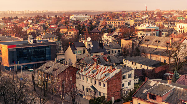 Kaunas, Lithuania: aerial view of central part of city in the sunset of early spring