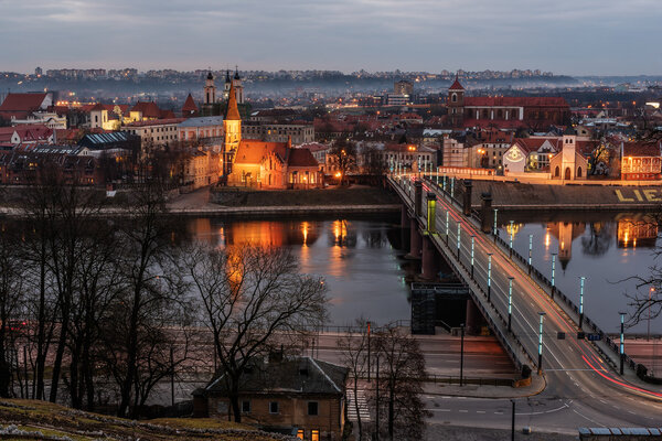 Kaunas, Lithuania: aerial view of Old Town in the sunset