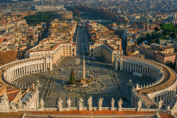Aerial view of Vatican City and Rome, Italy. St. Peters Square in the evening