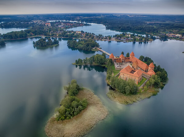 Trakai, Lithuania: Island castle, aerial UAV top view