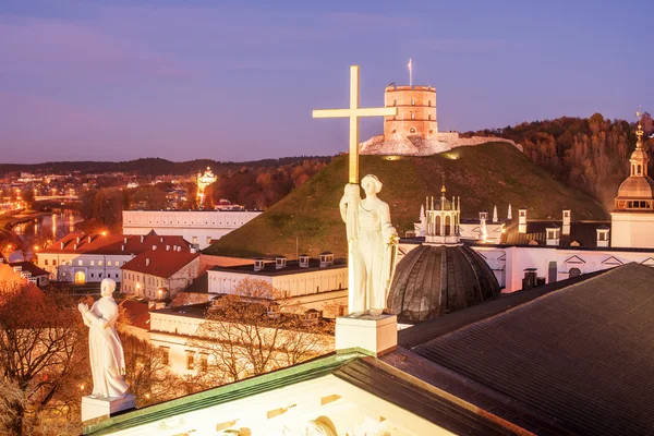 Vilnius, Lithuania: Sculptures on Roof of Cathedral and Upper Castle — Stock Photo, Image