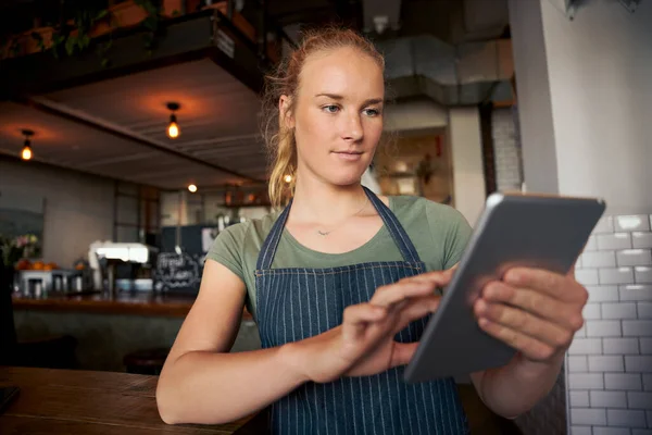 Молода жіноча офіціантка в кафе носить фартух з використанням цифрового планшета для перевірки онлайн-замовлень — стокове фото