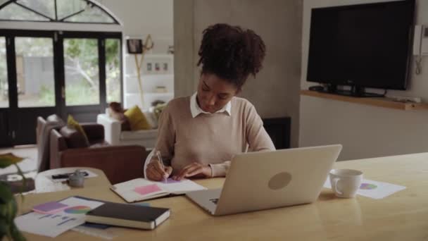 Nő szabadúszó dolgozik távolról laptop és leírja a fontos adatokat a notebook — Stock videók