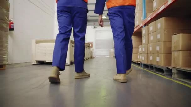 Pieni osa kahdesta miespuolisesta työntekijästä kävelee suuressa jakeluvarastossa — kuvapankkivideo