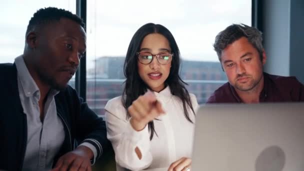 Diverse group of colleagues working on collaboration project typing on laptop in office — Stock Video