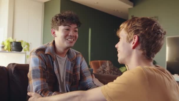 Jovem mestiço casal masculino sorrindo enquanto conversava sala de estar tornando-se após intensa discussão — Vídeo de Stock