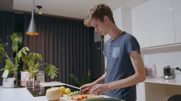 Maschio caucasico tagliare verdure rendendo la cena per il partner in cucina — Video Stock