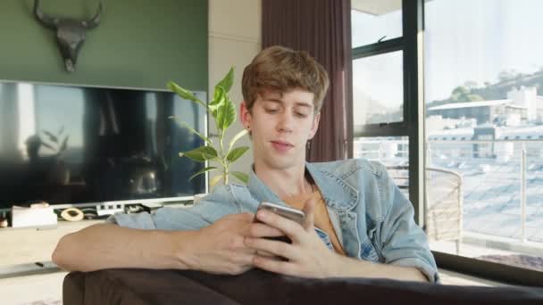 リビングルームでソファの上でリラックスしながら、セルラーデバイス上の白人男性のテキストメッセージ — ストック動画