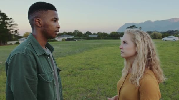 Gemengd ras paar ruzie terwijl staan in het veld breken kijken verdrietig — Stockvideo