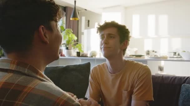Maschio omosessuale coppia mostrando affetto in soggiorno baciare un altro — Video Stock