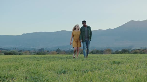 Amantes de las carreras mixtas caminando juntos en el parque tomados de la mano — Vídeos de Stock