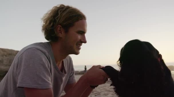 En ung vit man leker med glad hund på stranden under solnedgången. Man tittar på sin hund. Högkvalitativ 4k-film — Stockvideo