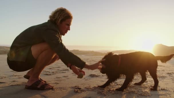 Młody biały mężczyzna grający w piłkę ze szczęśliwym psem na plaży o zachodzie słońca. Mężczyzna patrzący na swojego psa. Wysokiej jakości materiał 4k — Wideo stockowe