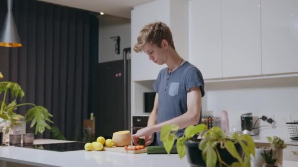 Caucasian young blonde male chopping vegetables in kitchen preparing meal for wife and kids — Stock Video