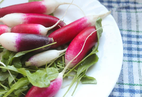 Frischer roter Rettich mit grünem Blatt auf weißem Hintergrund — Stockfoto