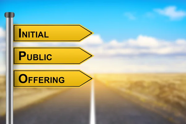 IPO or Initial public offering words on yellow road sign — Stock Photo, Image