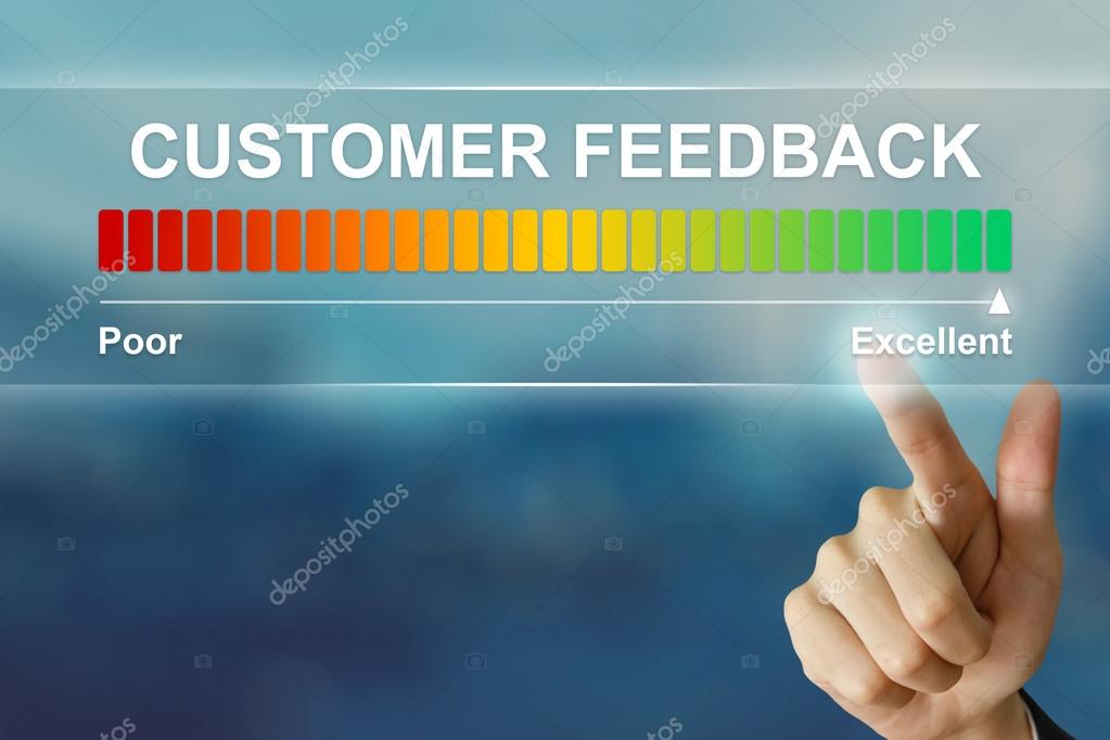 Business hand clicking excellent customer feedback — Stock Photo ...