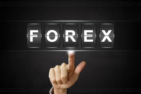 Business mano cliccando forex o valuta estera su Flipboard — Foto Stock