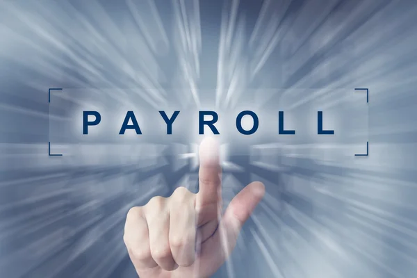 Hand clicking on financial payroll button — Stock Photo, Image