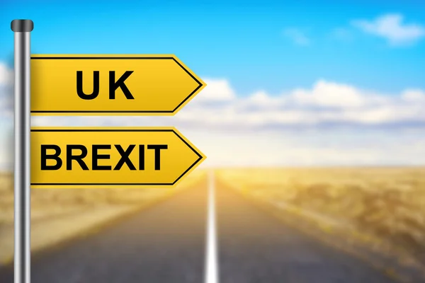 Brexit or british exit words on yellow road sign — стоковое фото