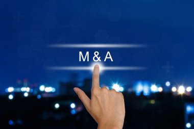 hand pushing M&A or Merger and Acquisition button on touch scree clipart