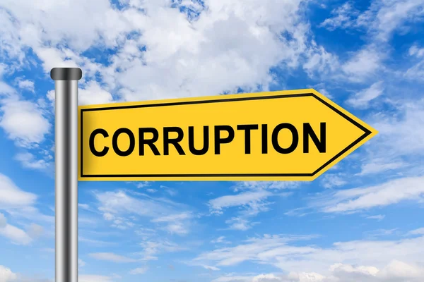 Yellow road sign with corruption words — Stock Photo, Image