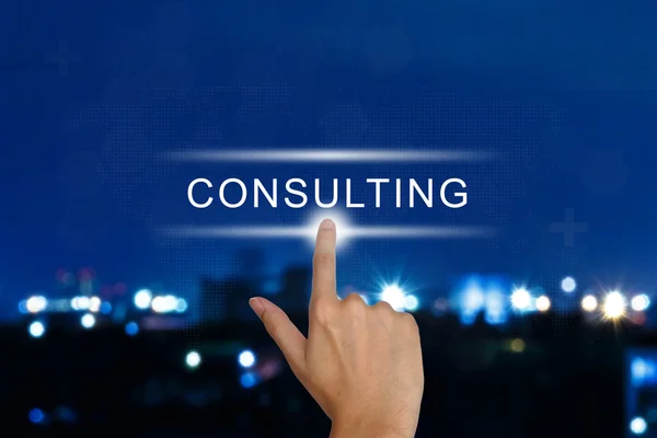 Hand pushing consulting button on touch screen — Stock Photo, Image
