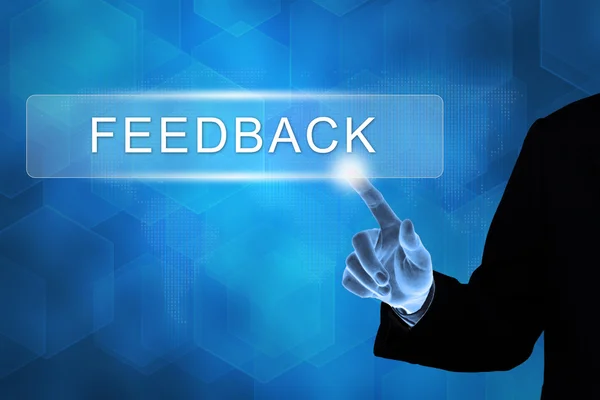 Negócio mão empurrando botão de feedback — Fotografia de Stock
