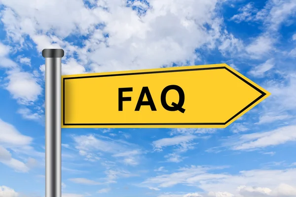 Panneau de signalisation jaune avec FAQ ou questions fréquemment posées — Photo
