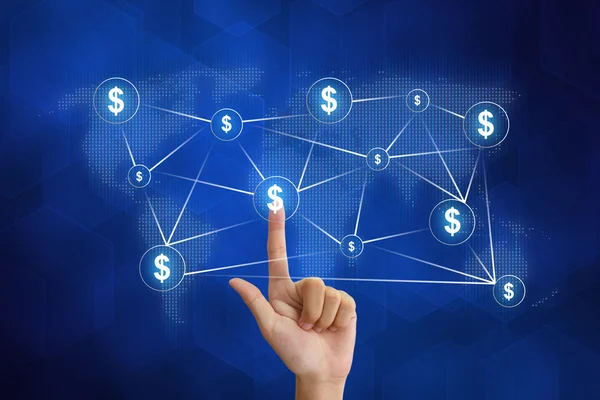 Hand pushing dollar networking — Stock Photo, Image