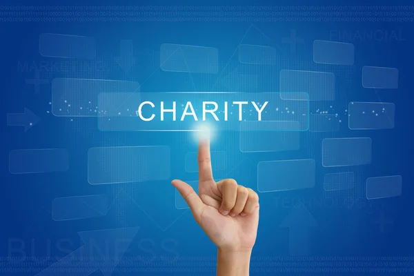 Pulsar la mano en el botón de caridad en la pantalla táctil —  Fotos de Stock