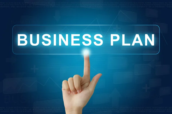 Hand press on business plan button on touch screen — Stock Photo, Image