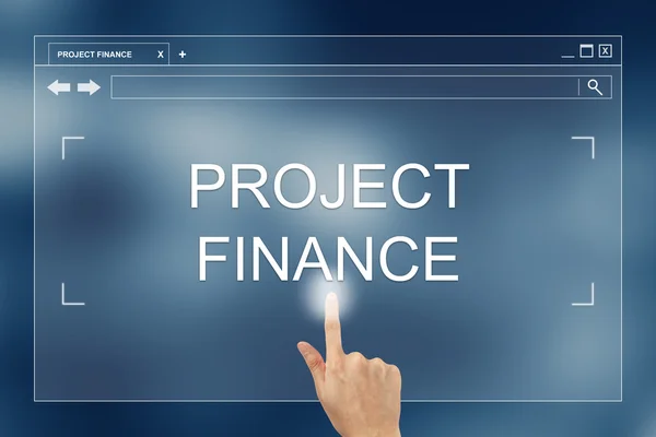 Pressione a mão no botão de financiamento do projeto no site — Fotografia de Stock