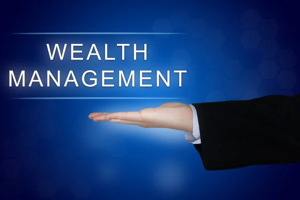 Botão de gestão de riqueza no fundo azul — Fotografia de Stock